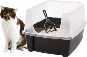 Caja de arena para gatos IRIS USA, arenero para gatos con escudo y pala para arena, color negro