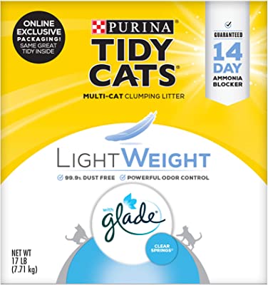 Purina Tidy Cats Arena aglutinante para múltiples gatos de bajo polvo, ligera Glade Clean Springs, 17 libras. Caja, el empaque puede variar